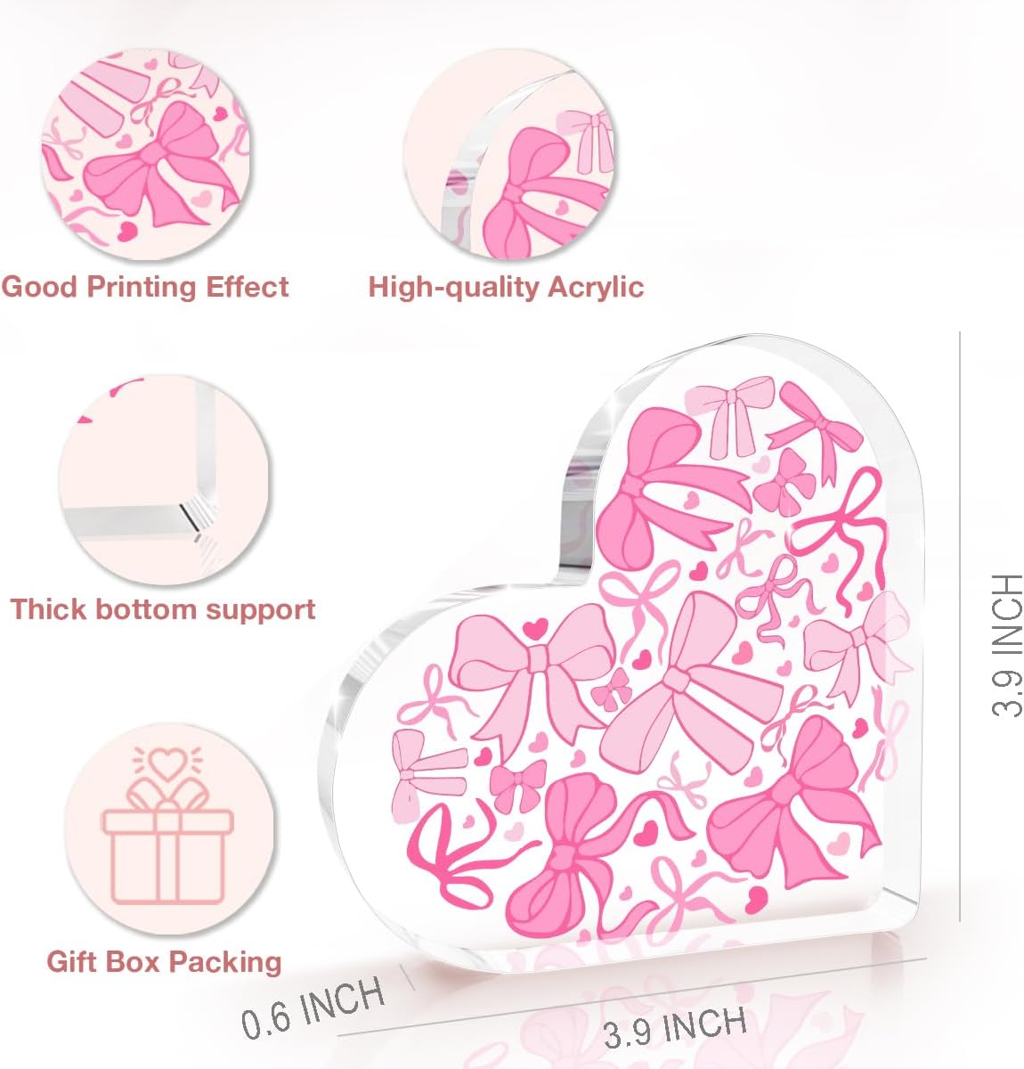 Pink Coquette Heart Bowknot Cute Decorative Faux Acrylic Heart-Shaped Decorative Sign for Home Office Love Theme Tabletop Mount 3.9 * 3.9 * 0.4