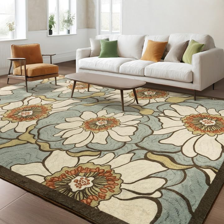 Faux Wool Boho Floral Area Rug Abstract Print Soft Carpet, TPR Non-Slip Backing, Machine Washable Low Pile Rug