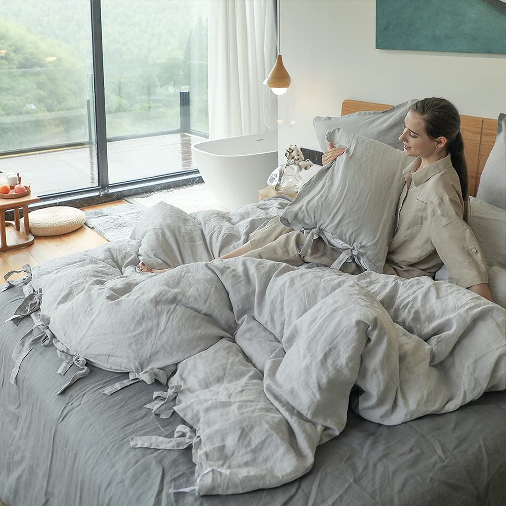 The 100% Linen Duvet Cover Set, 3 Pieces Belgian Flax Breathable Bedding,(1 Comforter Cover+2 Pillowshams) with Tie Closure Style