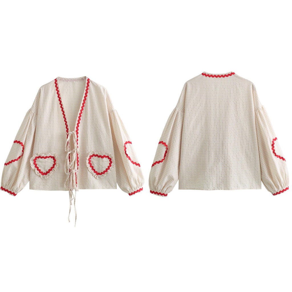 Tie Front Tops for Women Gingham Babydoll Bow Top Puff Sleeve Coquette Tops Heart Long Sleeve Cute Spring Tops