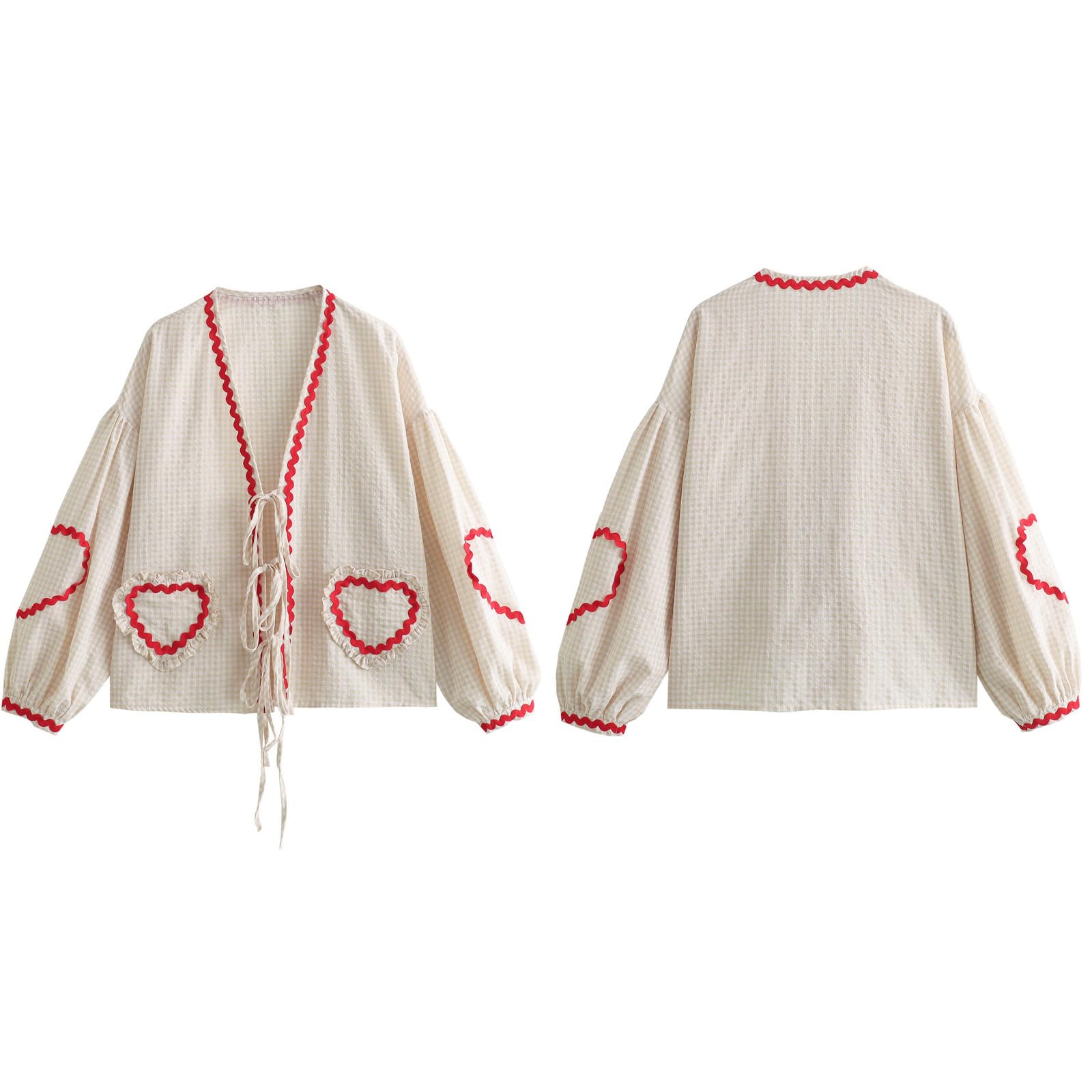 Tie Front Tops for Women Gingham Babydoll Bow Top Puff Sleeve Coquette Tops Heart Long Sleeve Cute Spring Tops