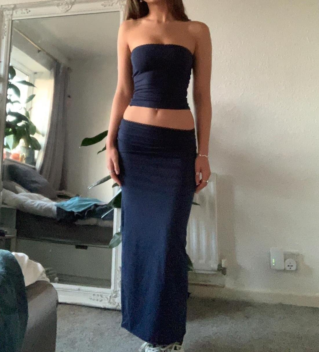 Women Y2K 2 Piece Long Skirt Set V Neck Halter Crop Top Off Shoulder Slim Fit Tube Top Split Maxi Skirts Outfit