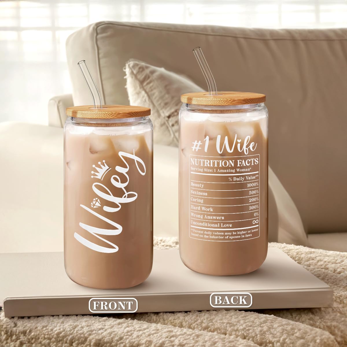 Glass Cup with Lid & Straw, Iced Coffee Aesthetic Glass Can, 16oz