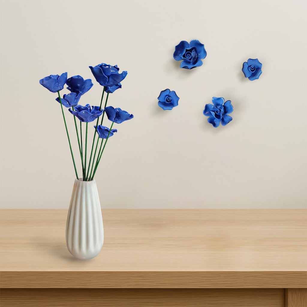 Handmade Ceramic Roses with Vase Set - 8 Artificial Porcelain Flowers and Modern Vase, Non-Fade Wedding Table Centerpiece, Eco-Friendly Home Décor for Living Room, Gift Box Included