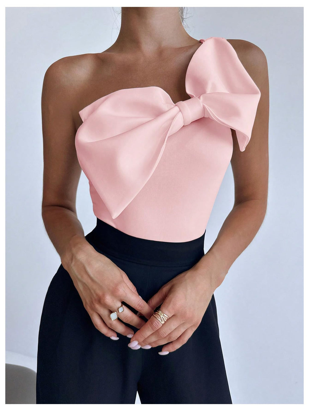 Women's One Shoulder Sleeveless Big Bow Front Elegant Fitted Tank Top Bodysuit