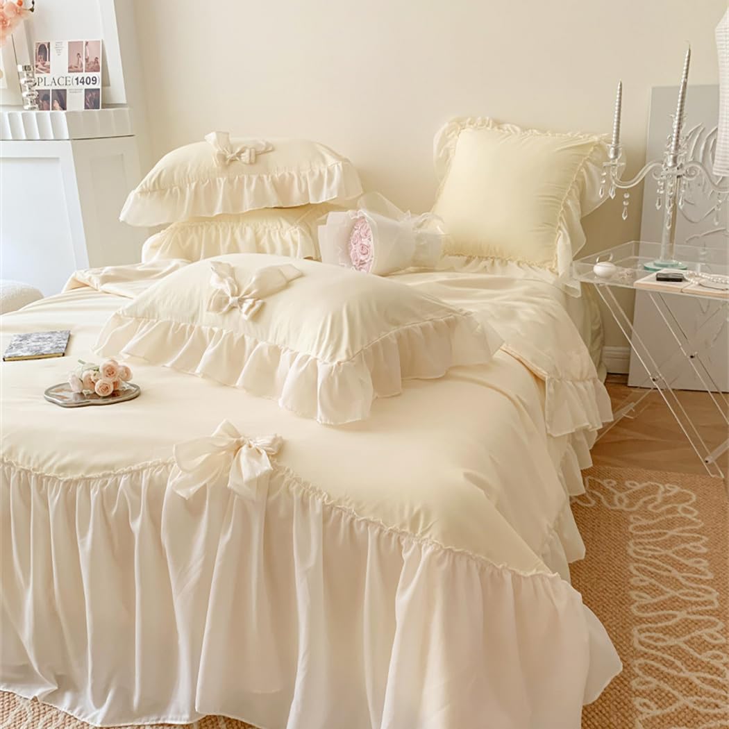 Ruffle Duvet Cover Bedding Set with Bowtie, 2 Pieces Comforter Cover Set with Zipper Closure with Pillowcase