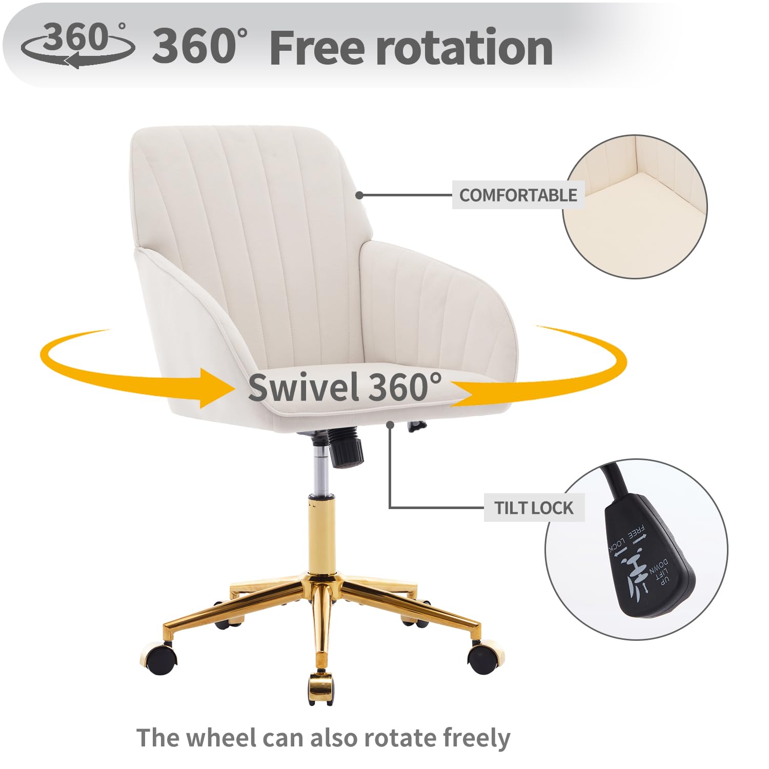 Modern Vanity Velvet Adjustable Low Back Rolling Chair, Twill Upholstered Cute Chair with Wheels