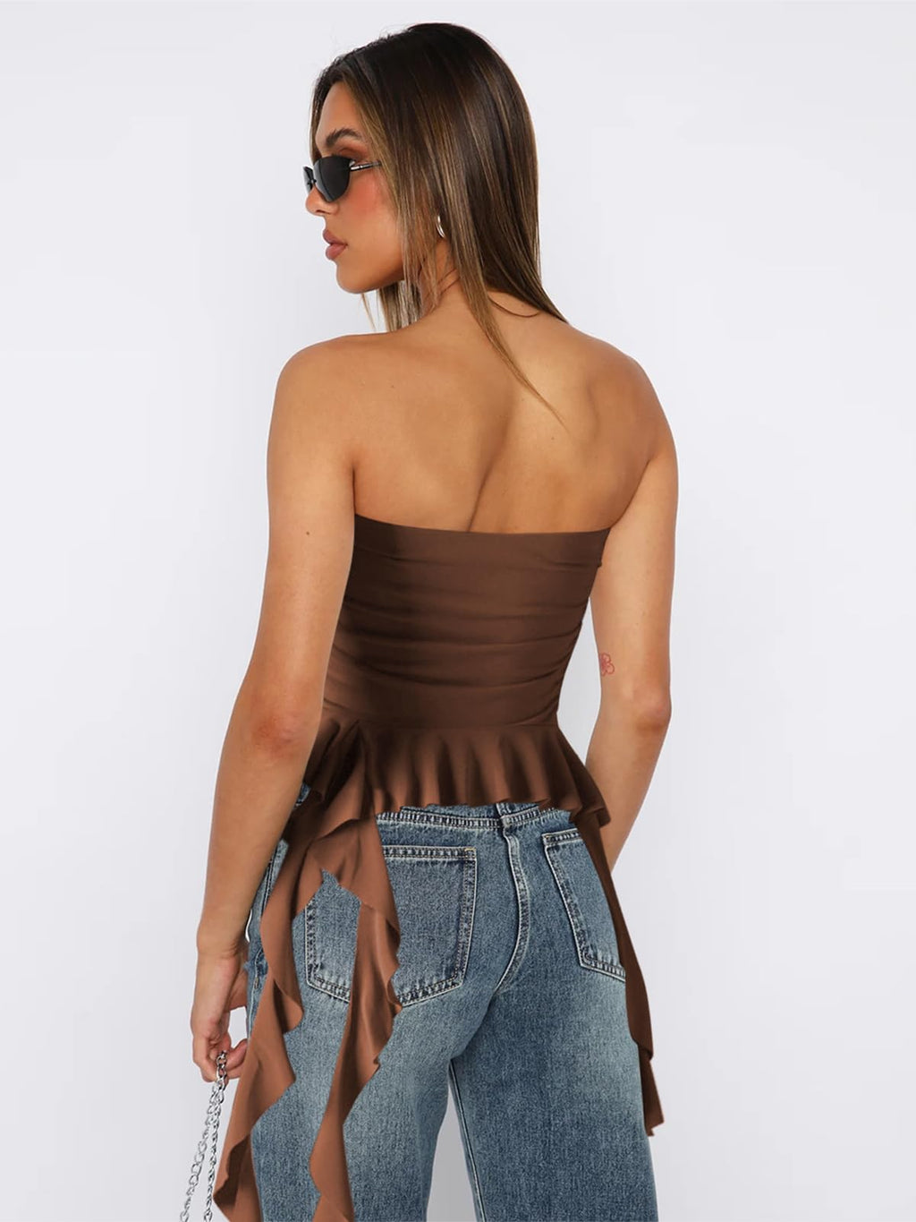 Women Strapless Tops Ruffled Asymmetrical Hem Tube Tops Ruched Bandeau Cami Tanks