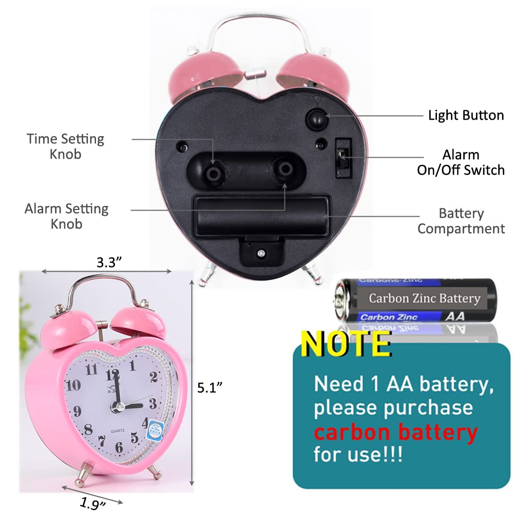 Cute Heart Shapes Twin Bell Loud Alarm Clock Silent Analog Quartz Nightlight Tableclock Battery Operated for Kids, Seniors, Heavy Sleepers, Decorations for Bedroom, Living Room 3 Inches