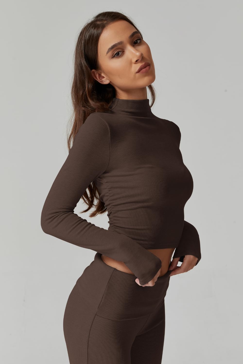 Womens 2 Piece Lounge Sets Mock Neck Long Sleeve Tops with Side Ruched Fold Over Flare Pants Comfy Tracksuits