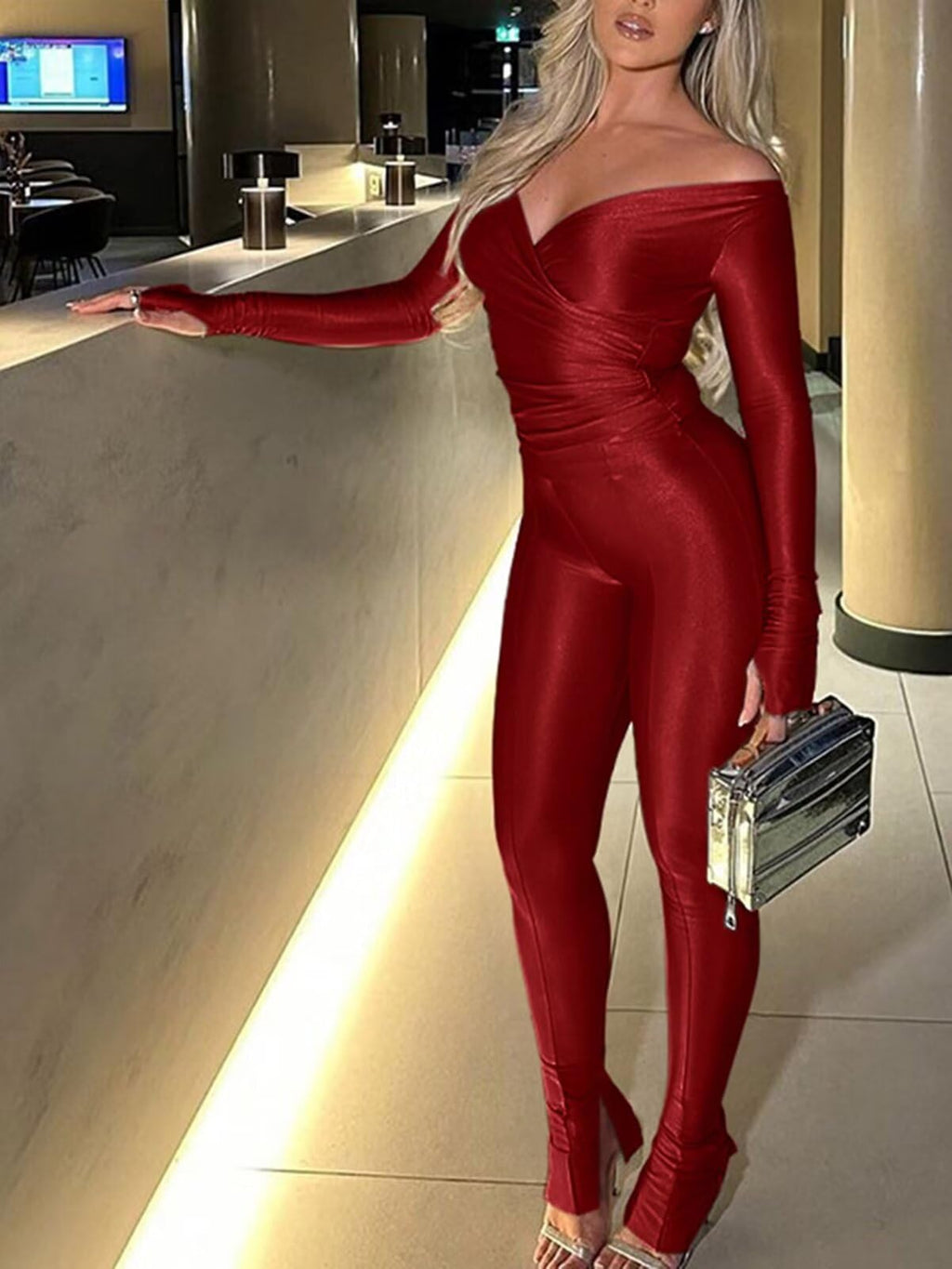 Women 2 Piece Outfits - Sexy Off Shoulder Tops Bodycon Flared Pant Sets