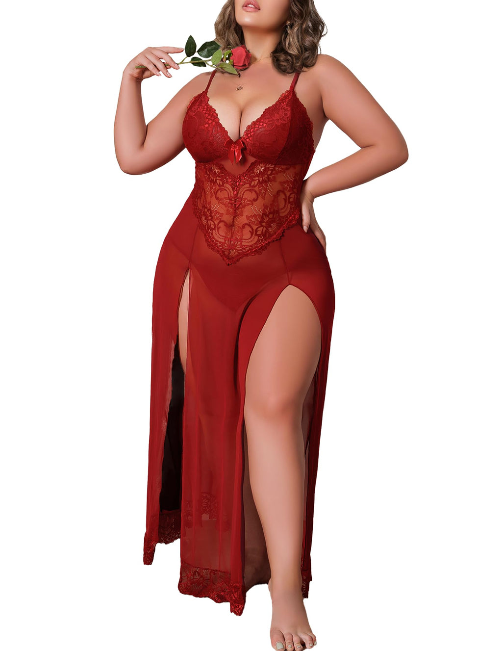 Plus Size Lingerie For Women Babydoll Sexy Mesh Maxi Nightdress Exotic Sleepwear Side Slits