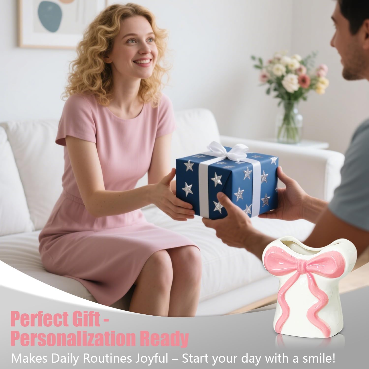 Cute White Ceramic Bow Toothbrush Holder - Bathroom Countertop Organizer with Pink Bow, Personalized Countertop Decor Accessories