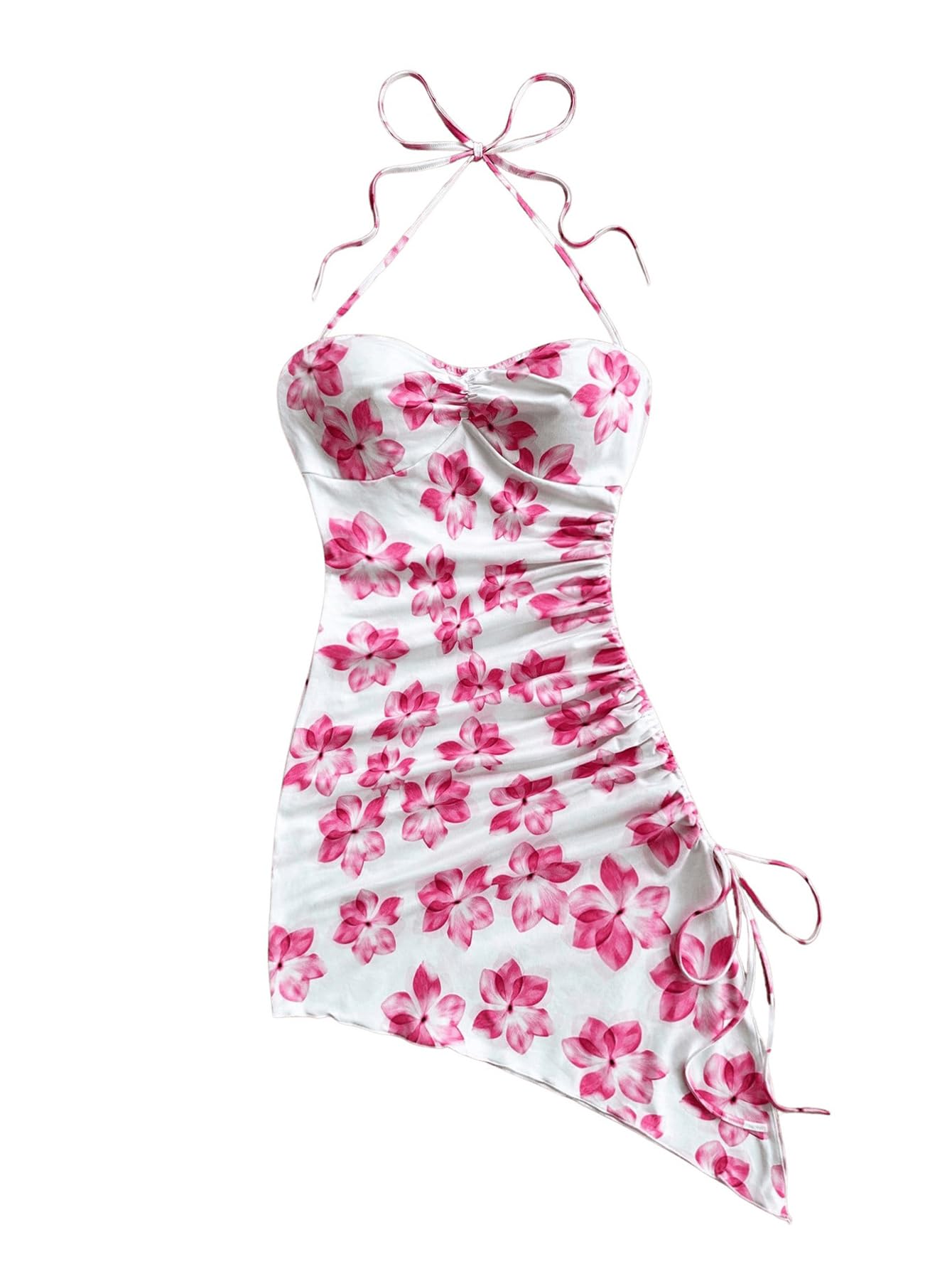 Women's Floral Print Halter Dress Sleeveless Drawstring Asymmetrical Hem Bodycon Dress