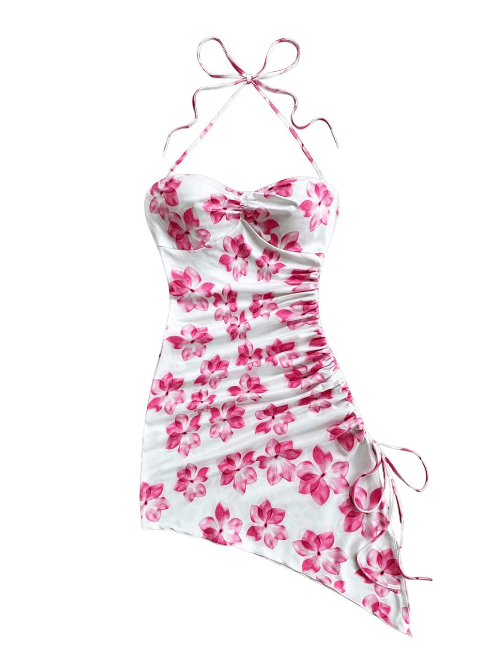 Women's Floral Print Halter Dress Sleeveless Drawstring Asymmetrical Hem Bodycon Dress