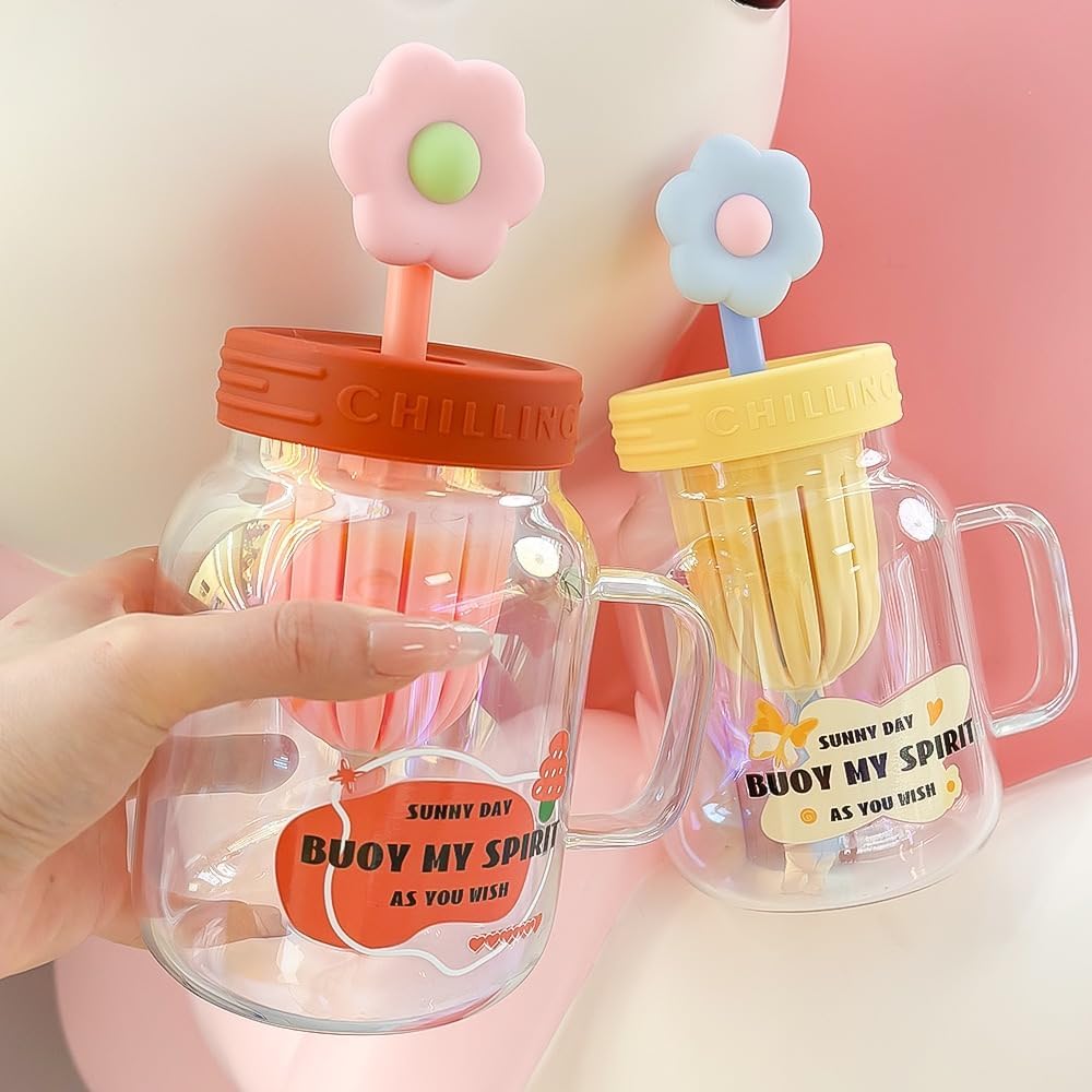 Cutecore Glass Mug with Flower Straw Lid and Handle 28.7oz | Floral Glass Cups Clear Mugs