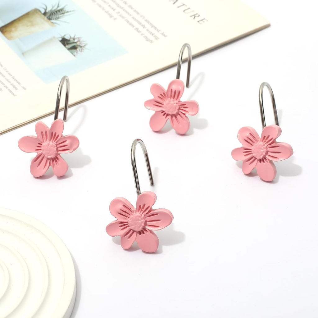 Decorative Shower Curtain Hooks, 12PCS Pink Small Flower Resin Shower Curtain Hooks Rings for Bathroom