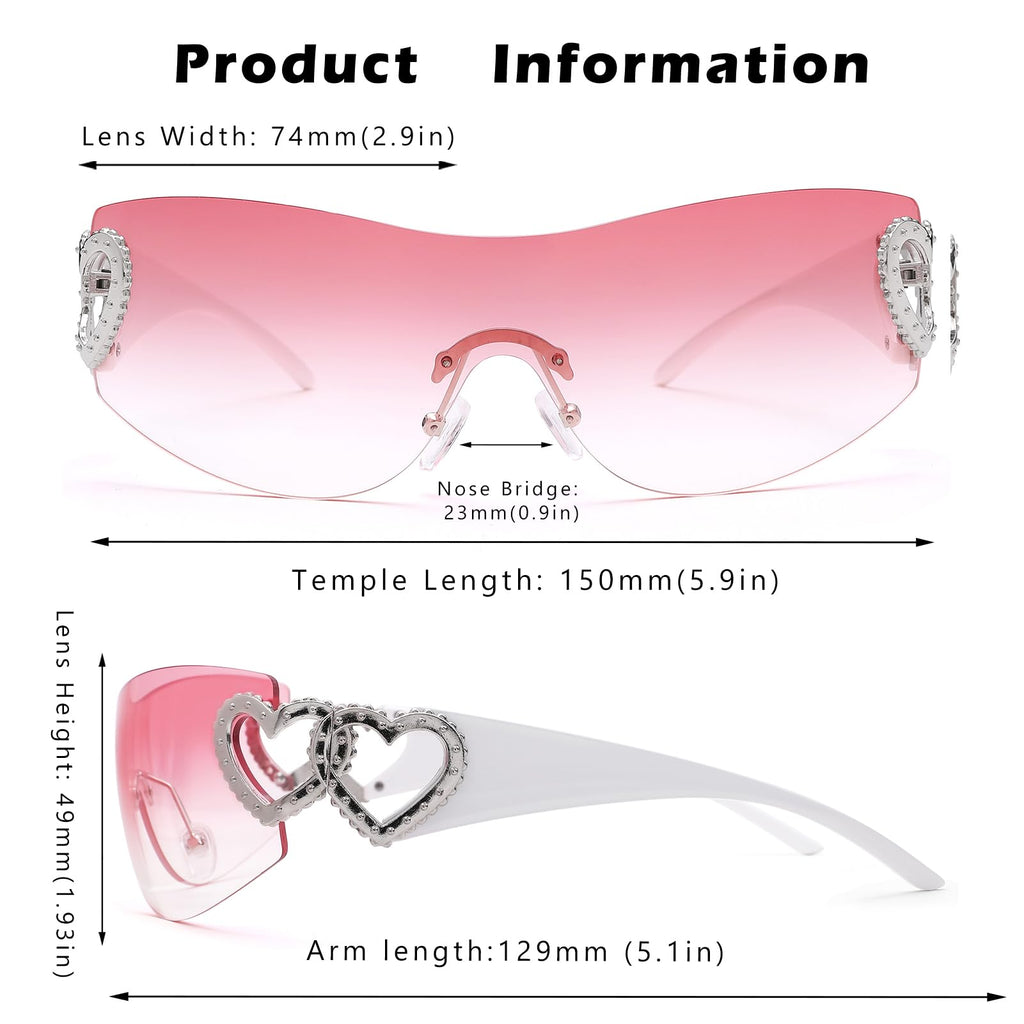 Wrap Around Heart Rhinestones Rimless Sunglasses Women Men, Oversized Fashion Futuristic Sun Glasses Cool Shade 2000S Trendy