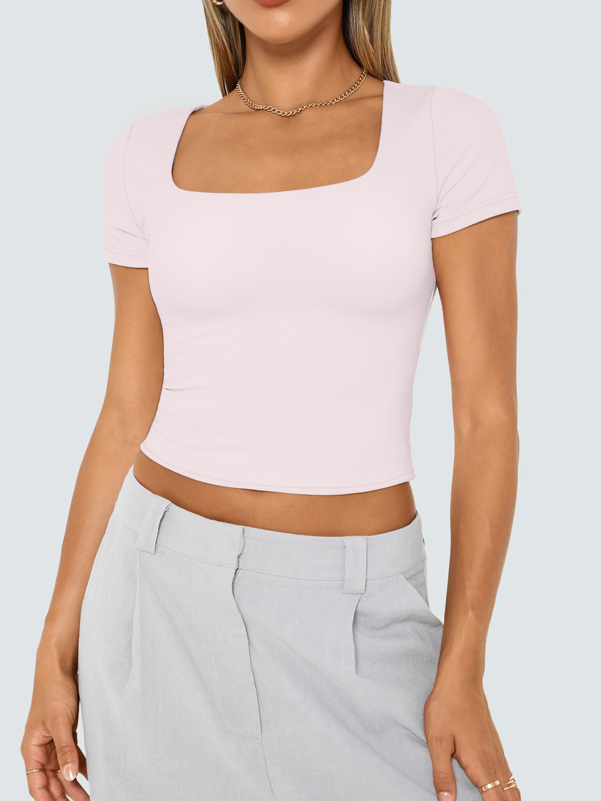 Womens Short Sleeve T Shirts Double Lined Square Neck Crop Tops Basics Tees