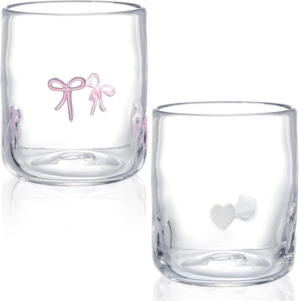 Set of 2 Coquette Pink Bow Glass Cup Heart Juice Glass 14oz Pink Bow Heart