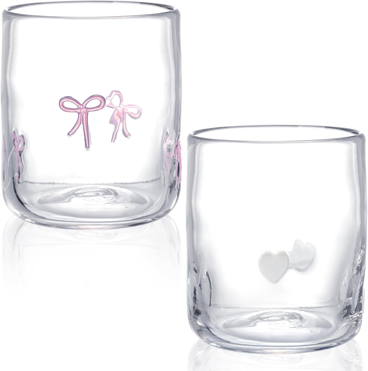Set of 2 Coquette Pink Bow Glass Cup Heart Juice Glass 14oz Pink Bow Heart