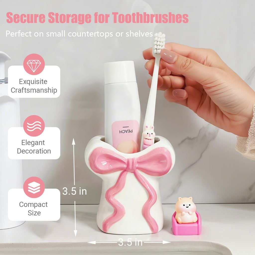 Cute White Ceramic Bow Toothbrush Holder - Bathroom Countertop Organizer with Pink Bow, Personalized Countertop Decor Accessories