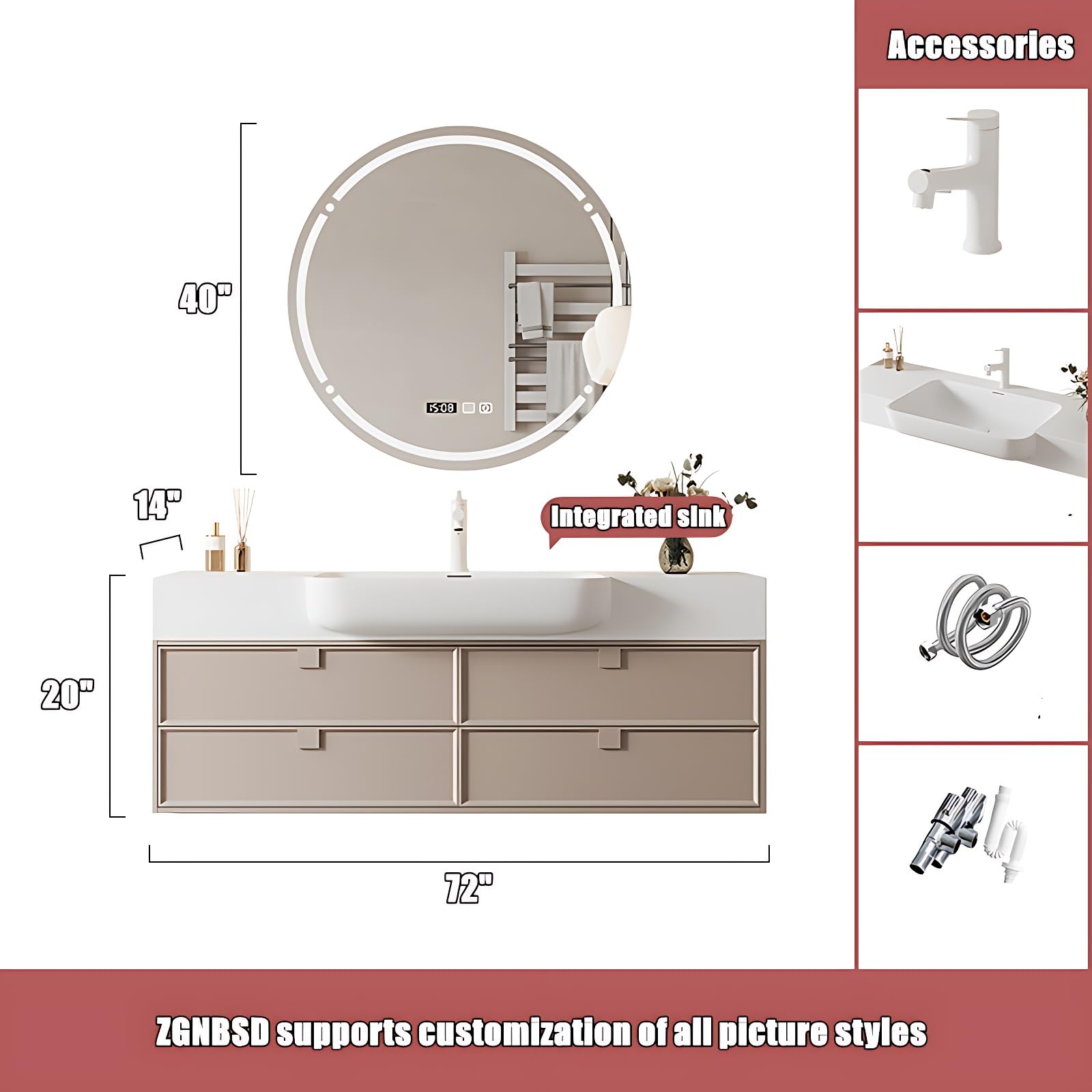 Elevated Bathroom Vanity with Sink & Smart Defogging Mirror, Floating Bathroom Vanity for Small Space, Solid Wood Material