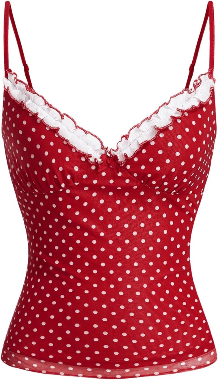 Women's Polka Dots Cami Tops Coquette Mesh Lace Trim V Neck Ruffle Hem Camisole Spaghetti Strap Y2k Tops