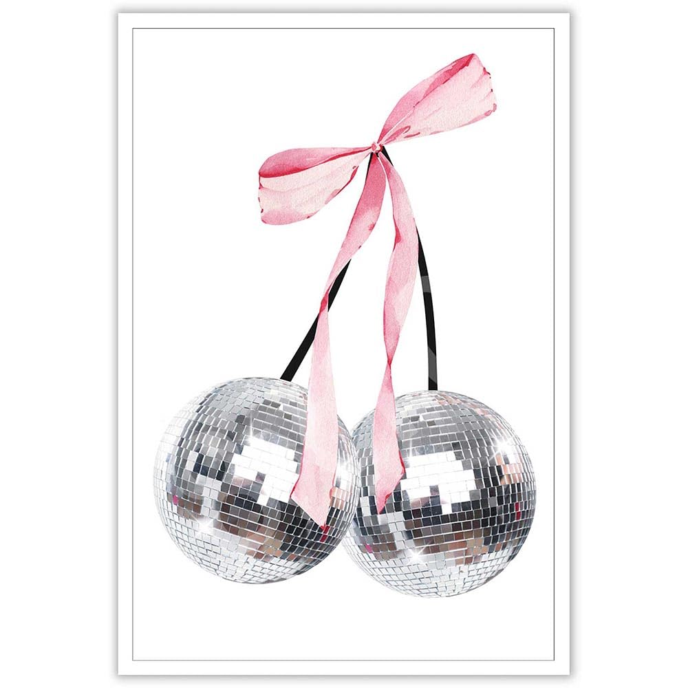 Trendy Pink Bow Disco Ball Posters White Cherry Canvas Wall Art Funky Coquette Bow Ribbon Preppy Aesthetic Prints Painting
