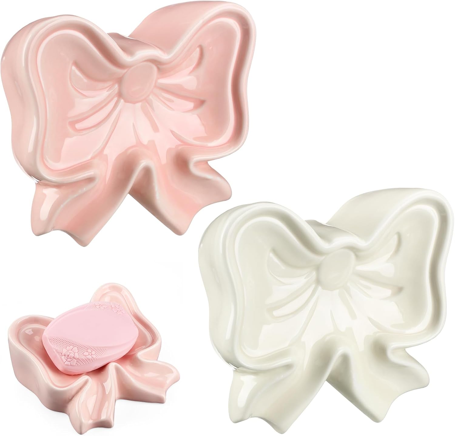Coquette Bow Soap Dish Draining Soap Box Ceramic Cute White and Pink Bowtie Trinket Tray Bowknot Bathroom Countertop Accessories
