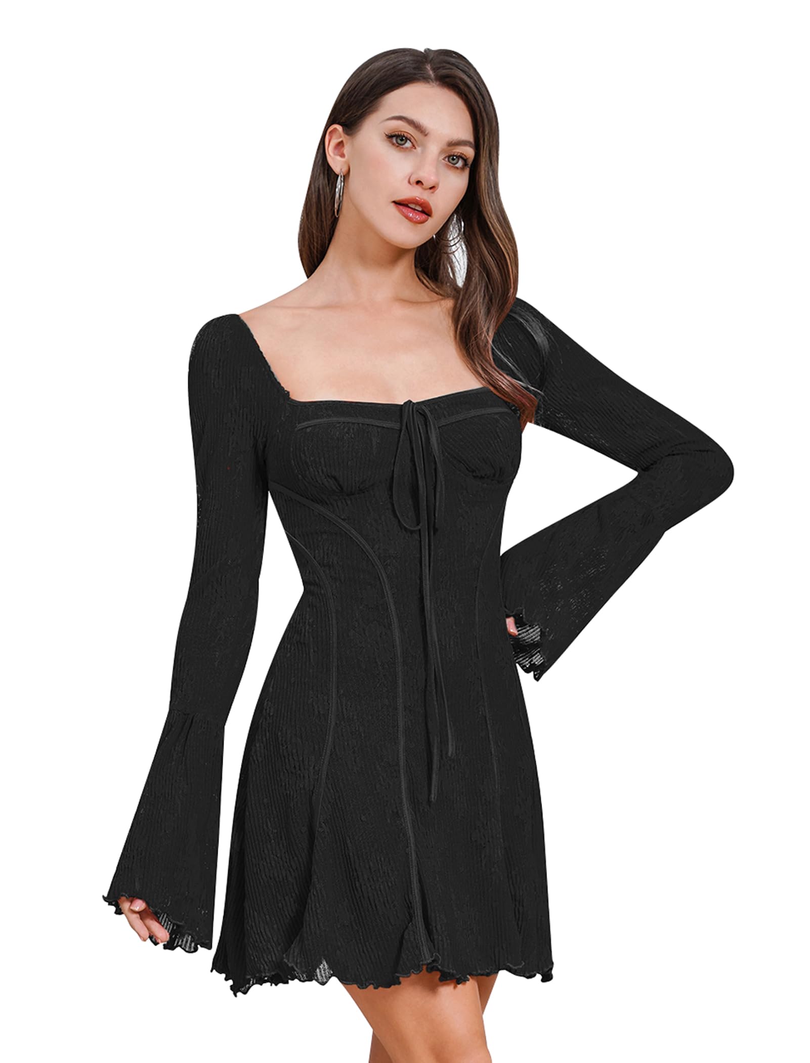 Women's Square Neck Corset Mini Dress Vintage Floral Lace Bell Sleeve Dress Y2K Short Ruffle Dresses