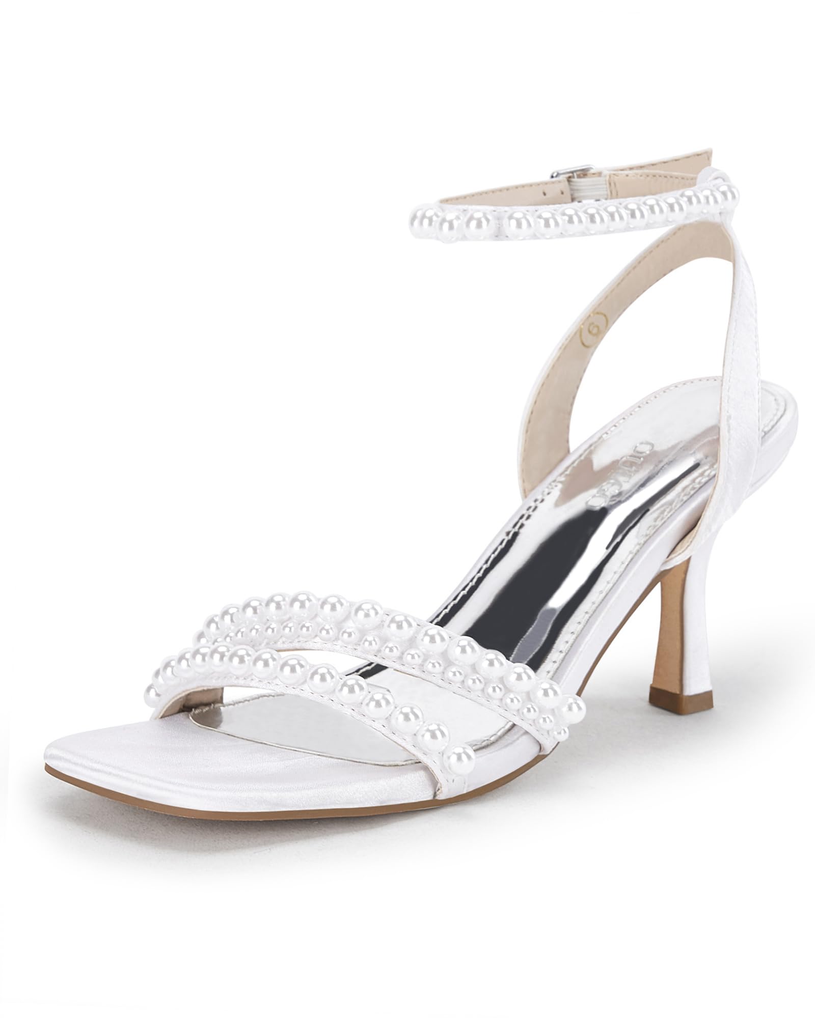 Women's Pearl Kitten Heels Sandals Square Open Toe Dress Sandals Ankle Strap Satin