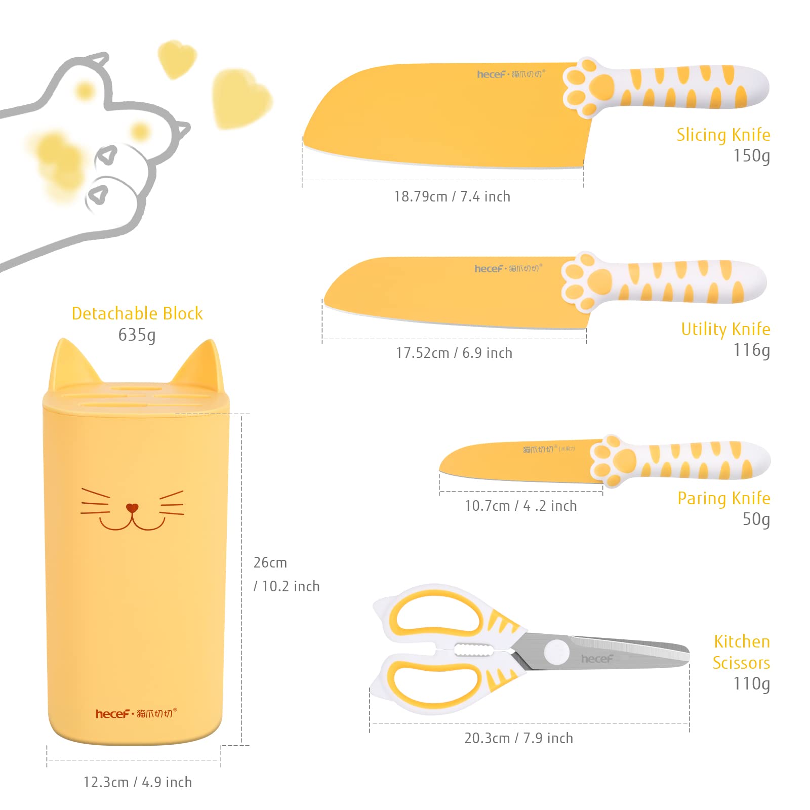 Cute Kitchen Knife Set, Dishwasher Safe, 5-piece Non-Stcik Knives Set with Detachable Block and Scissors,Sharp for Chopping, Slicing, Dicing and Cutting