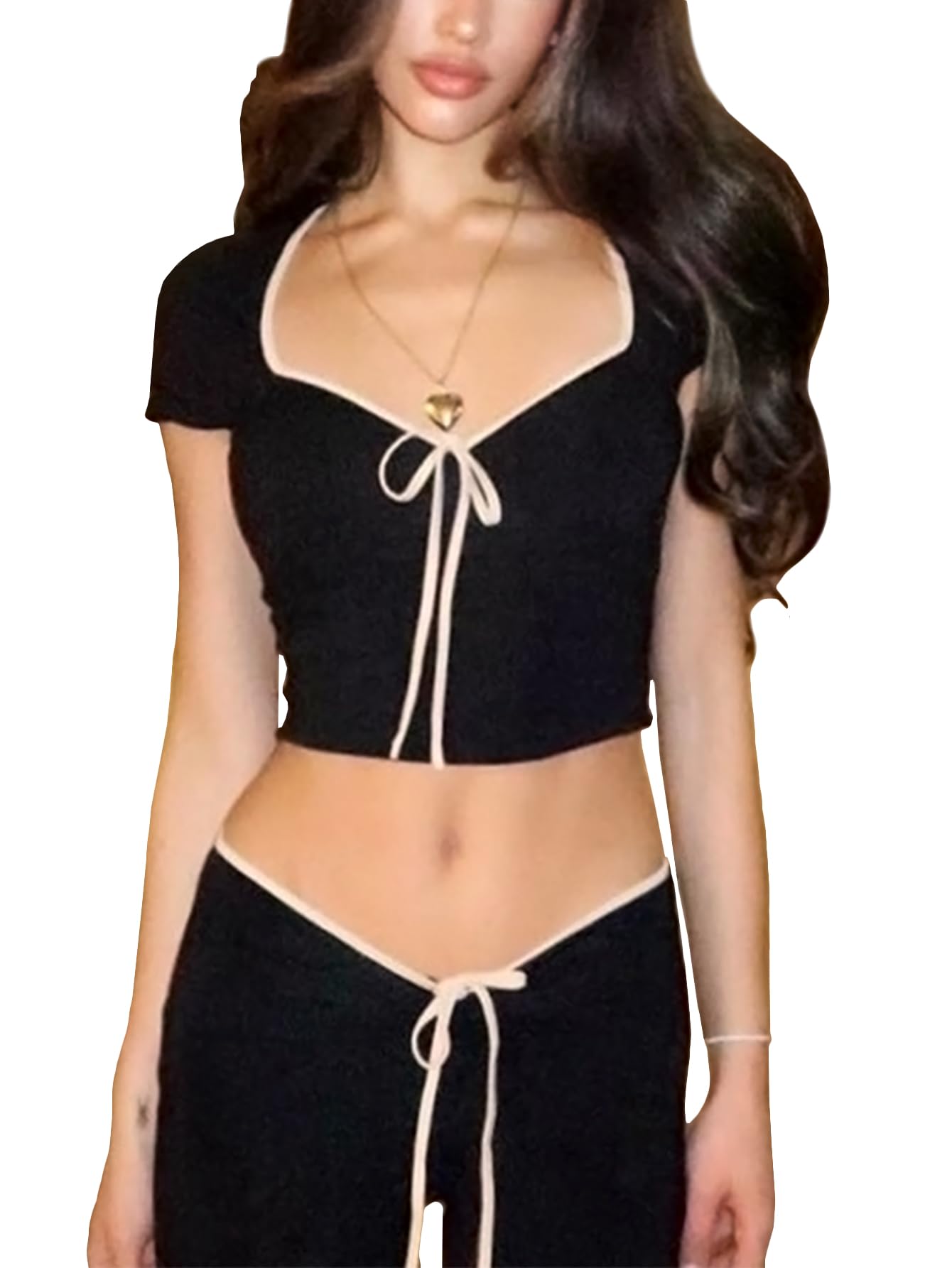 Womens Summer Short Sleeve Bow Square Neck Baby Tees Color Block Basic Crop Tops