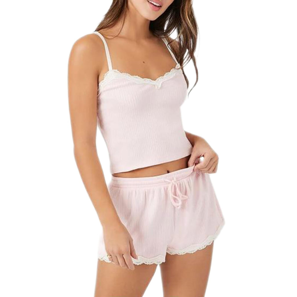 Women Sexy 2 Piece Pajama Set Sleeveless Lace Trim Crop Cami Top and Shorts Pj Set Y2K Sleepwear Lounge Outfits