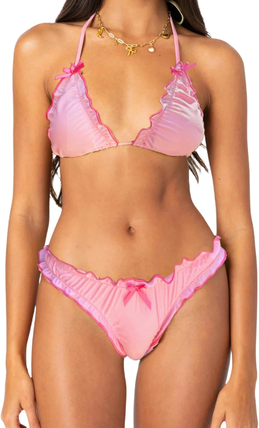 Women Cute Bikini Set Lettuce Trim Halter Neck Tie Up Bikini Top Triangle Set 2 Pieces Coquette Bathing Suit