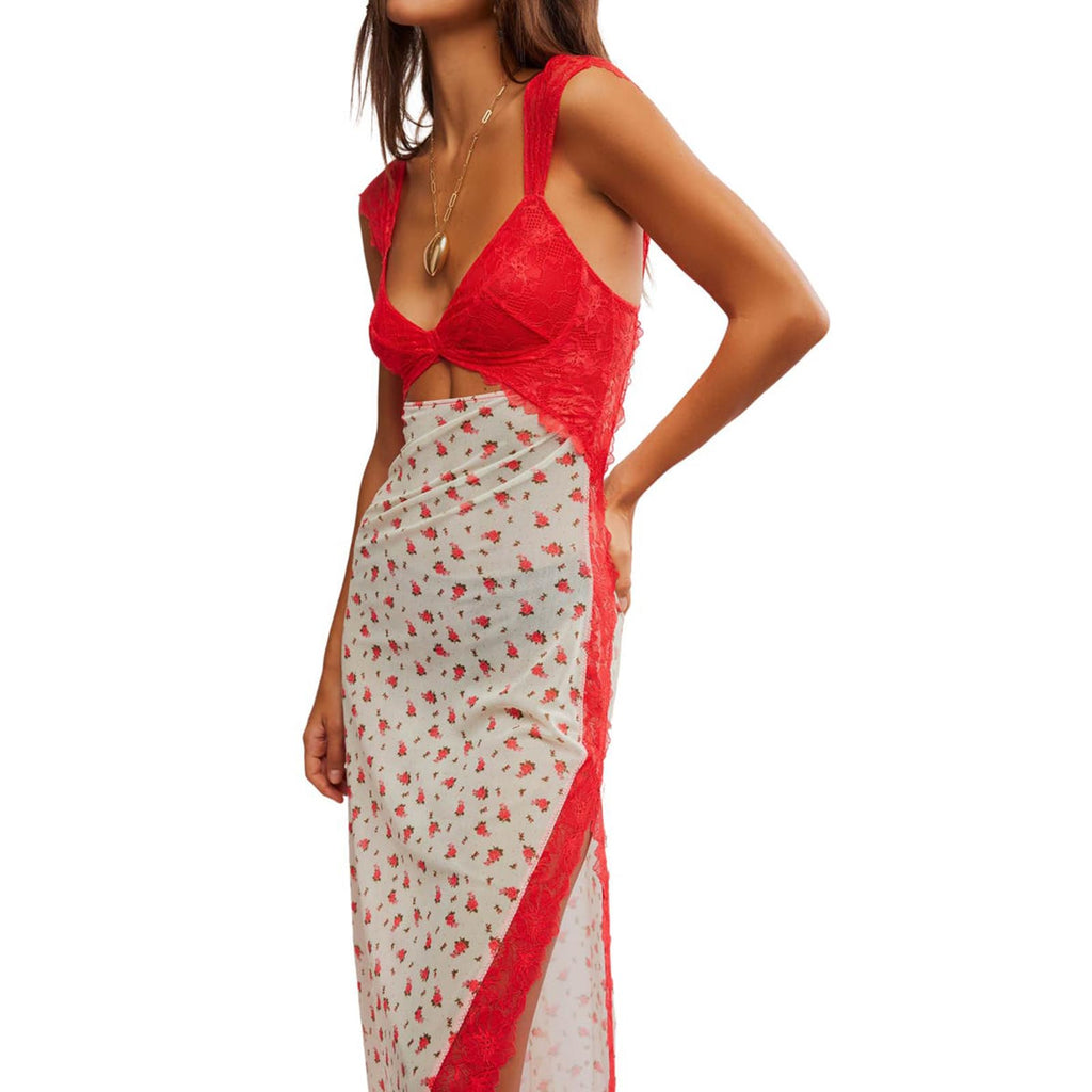 Women Sleeveless Maxi Dress Backless Bodycon Floral Printed Spaghetti Strap Long Dress Sheer Mesh Summer One-Piece