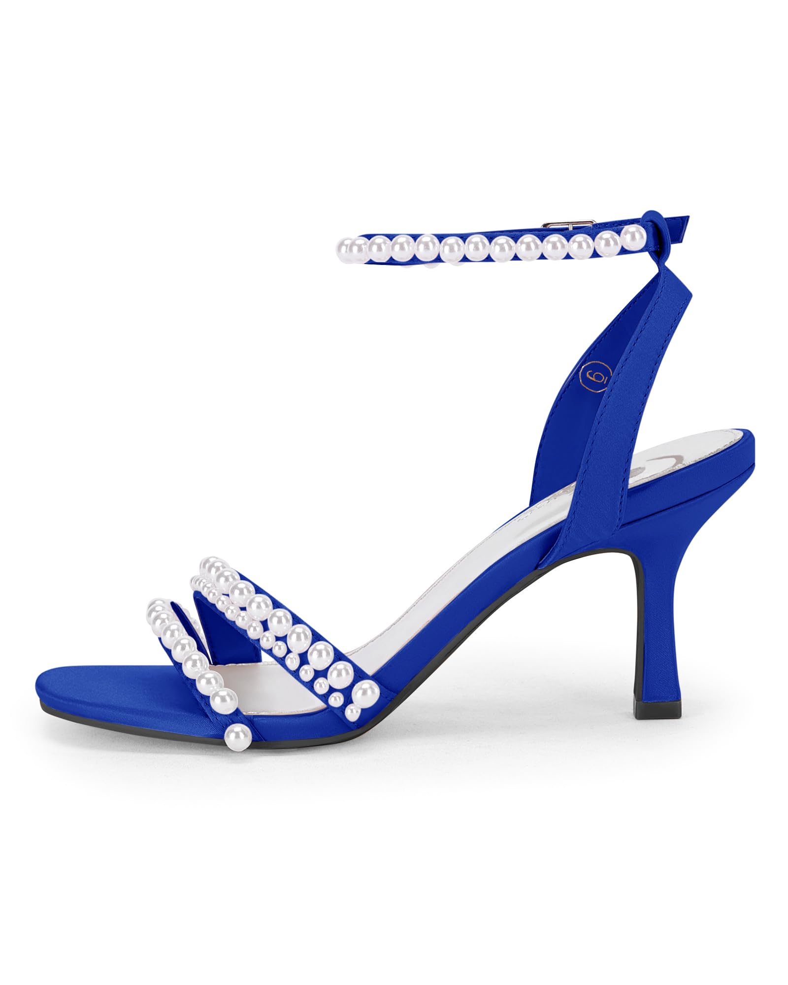 Women's Pearl Kitten Heels Sandals Square Open Toe Dress Sandals Ankle Strap Satin