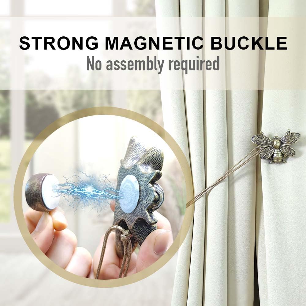 Set of 2 Resin Magnetic Curtain Tiebacks Golden Flying Bee Curtain Holders, Decorative Curtain Ties for Drapes
