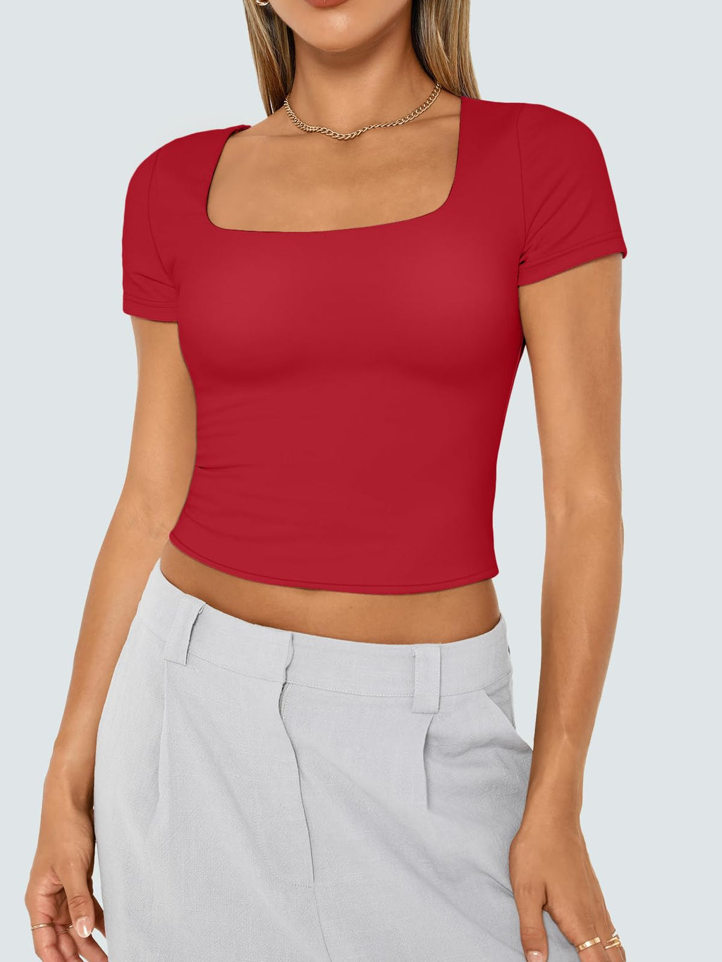 Womens Short Sleeve T Shirts Double Lined Square Neck Crop Tops Basics Tees