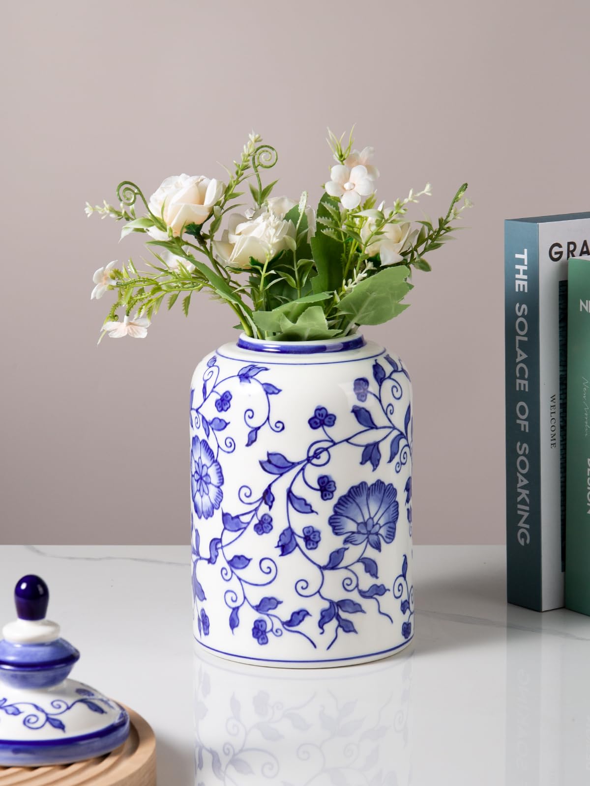 Chinoiserie Blue and White Jar Vase Decor, Ceramic Decorative Jars with Lid, 12x6 Inch, Flowers and Branches
