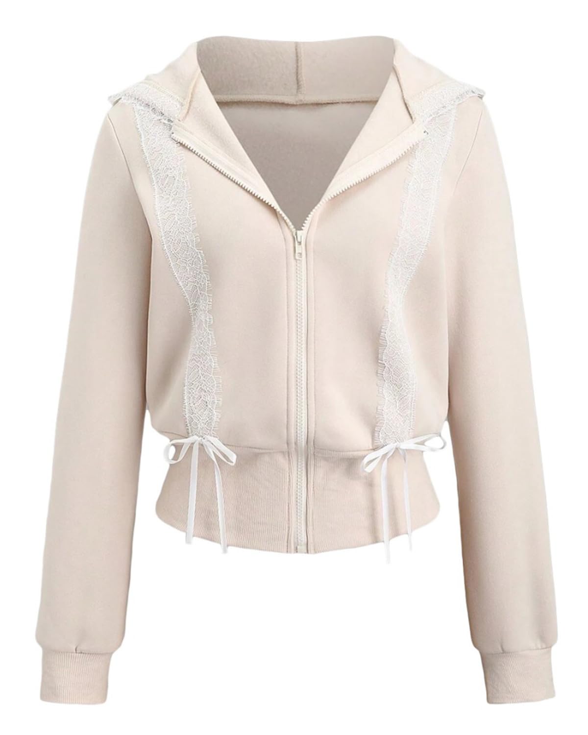 Women's Lace Patchwork Bow Zip-Up Crop Hoodie â€?Y2K Coquette Fleece Casual Hooded Sweatshirt