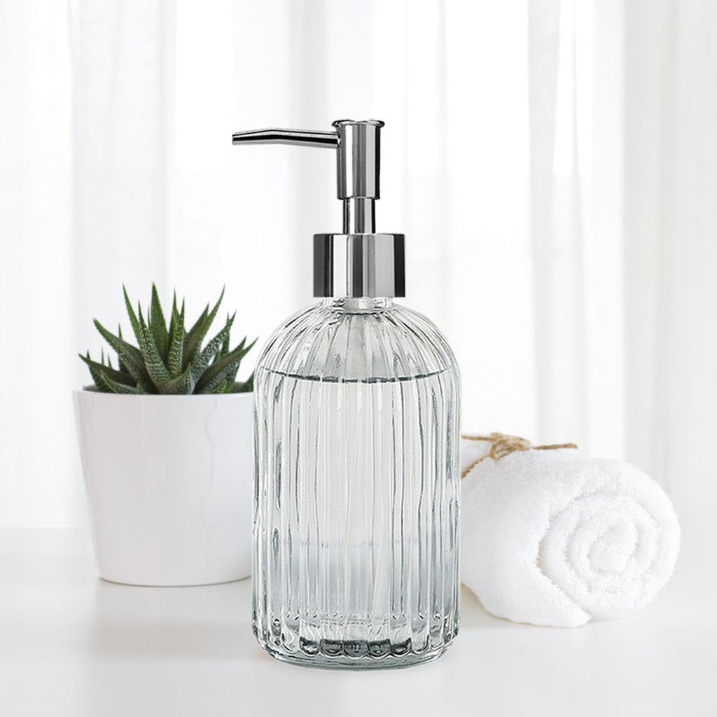 Pink Clear Glass Soap Dispenser 13 Oz/400ml, Striped Transparent Liquid Hand Soap Dispenser for Kitchen & Bathroom