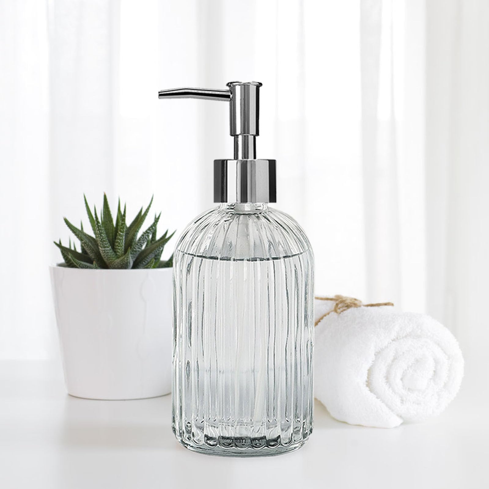 Pink Clear Glass Soap Dispenser 13 Oz/400ml, Striped Transparent Liquid Hand Soap Dispenser for Kitchen & Bathroom