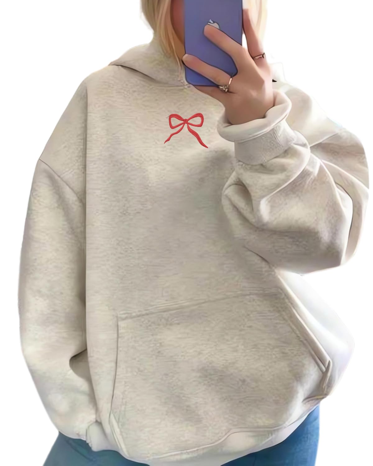Women Bow Embroidery Hoodie Teen Girls Cute Graphic Hooded Loose Preppy Y2K Long Sleeve Pullover Hoodie Tops
