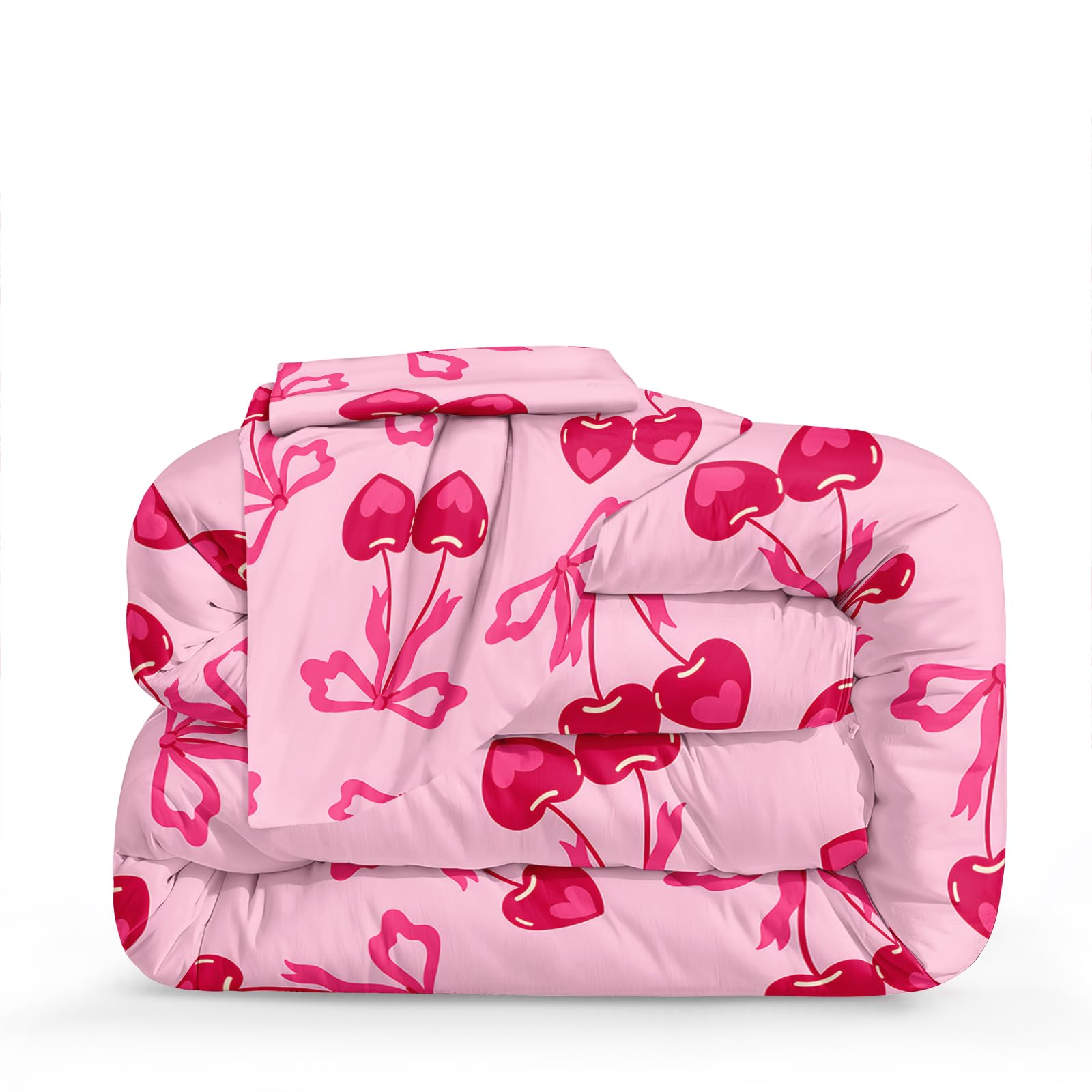 Pink Bowknot Comforter Set 4 Pcs Bow Tie Princess Bedding Blush Red Cherry Bed Quilt