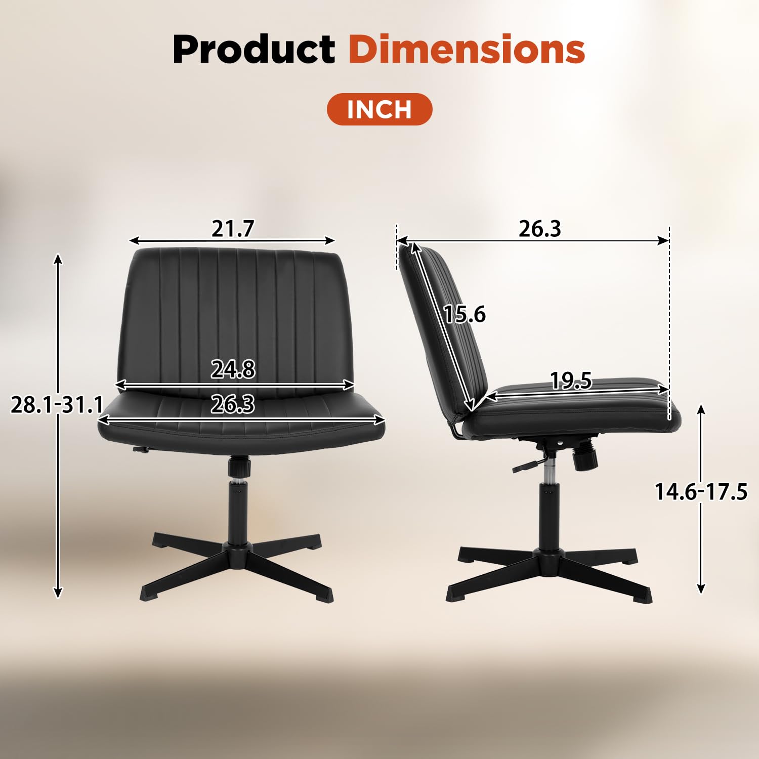 Criss Cross Chair, Armless Cross Legged Wide Comfty Desk Chair with No Wheels Modern Height Adjustable, Swivel Fabric Vanity Chair