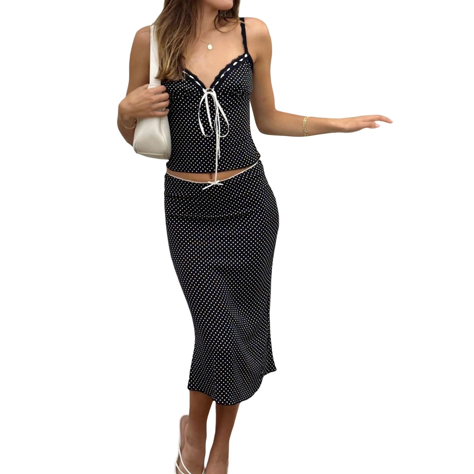 Women Y2K 2 Piece Long Skirt Set V Neck Halter Crop Top Off Shoulder Slim Fit Tube Top Split Maxi Skirts Outfit
