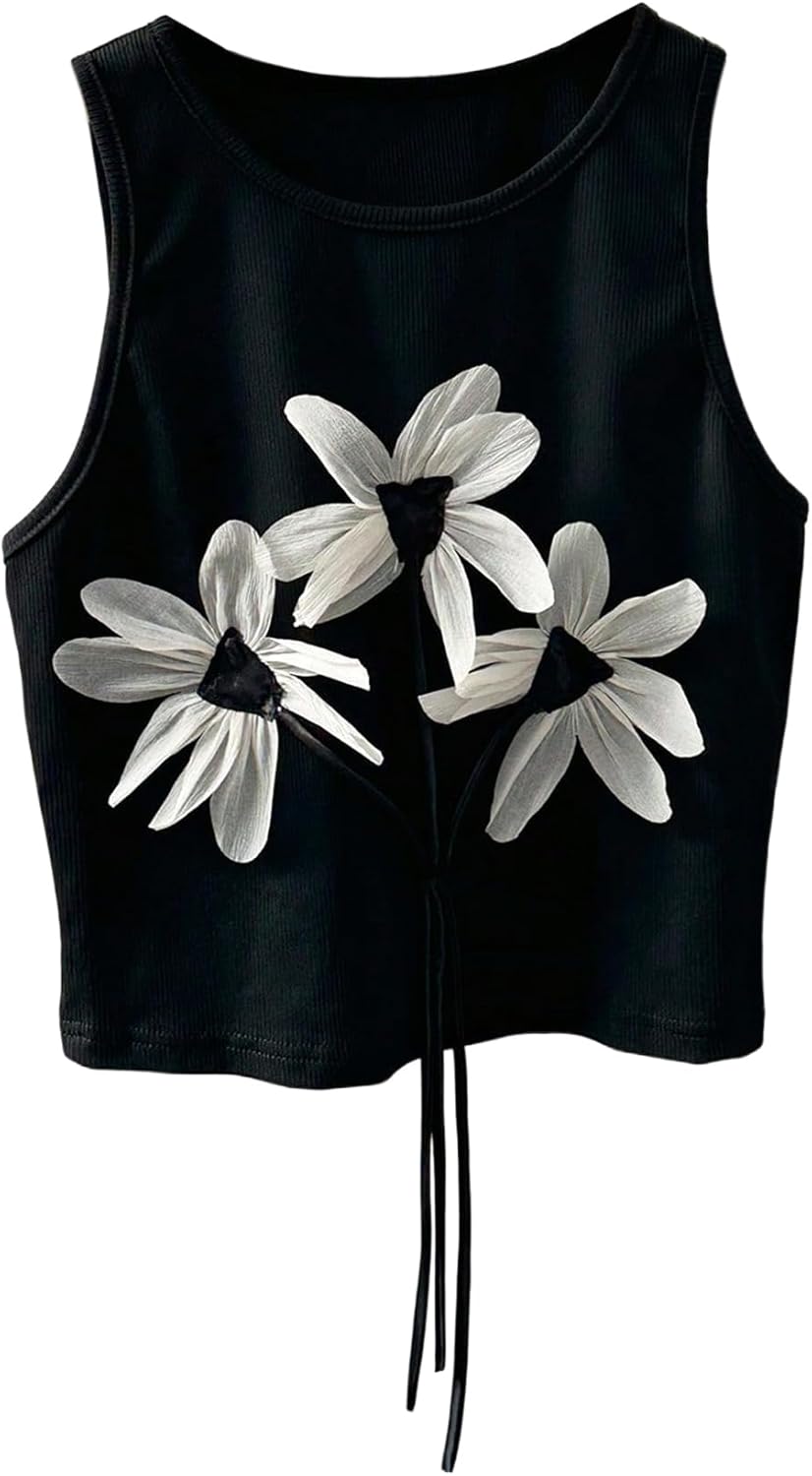 Women's Floral Applique Ribbed Tank Top Crew Neck Slim Fitted Sleeveless Crop Tops