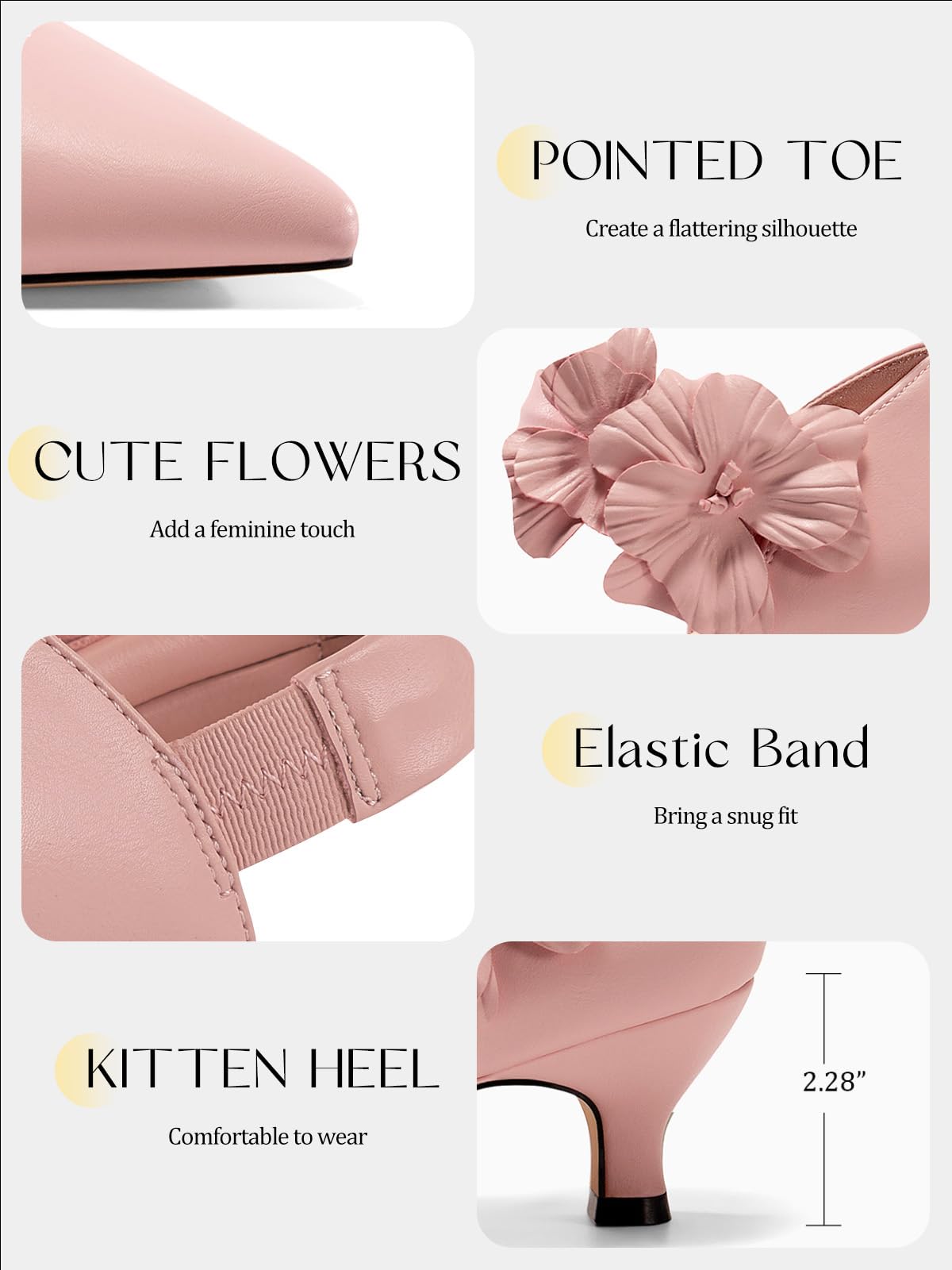 Women's Low Kitten Heels Dressy Shoes Comfortable Closed Toe Flower Slip on